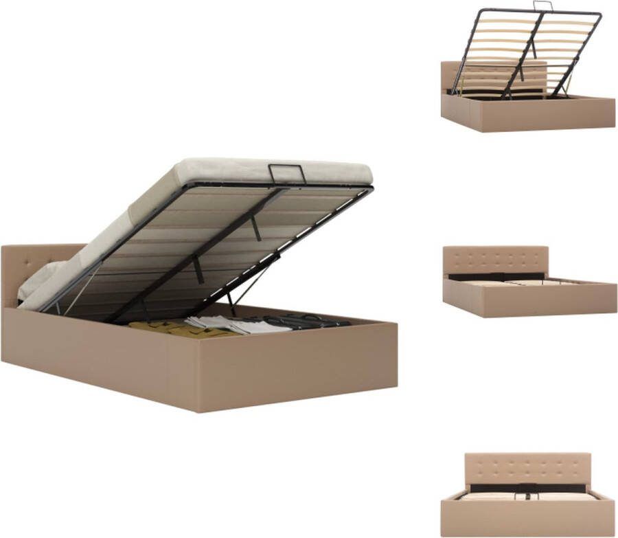 VidaXL Bedframe Hydraulisch Kunstleren bekleding Met opbergvak 211x148x73 cm Cappuccino Geschikt voor matras 140x200 cm MDF en staal Bed