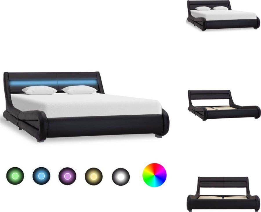 VidaXL Bedframe Kunstleren bekleding 217x155x60 cm Zwart LED-strip Afstandsbediening Geschikt voor matras 140x200 cm USB-aansluiting Bed