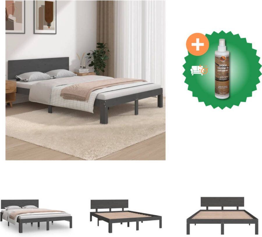 VidaXL Bedframe massief hout grijs 150x200 cm 5FT King Size Bed Inclusief Houtreiniger en verfrisser