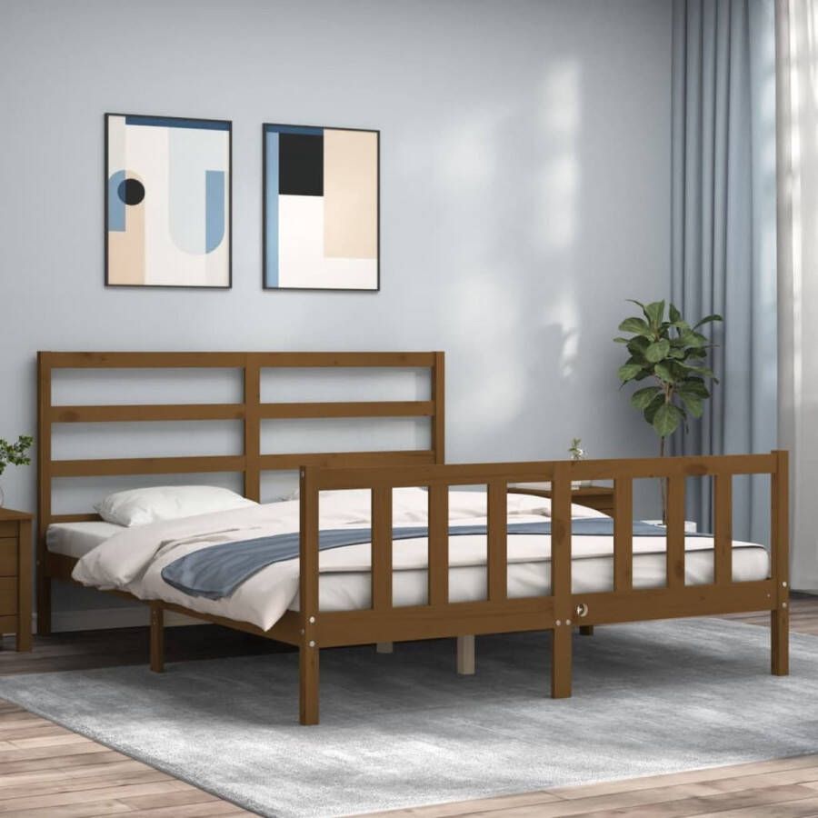 VidaXL -Bedframe-met-hoofdbord-massief-hout-honingbruin-5FT-King-Size