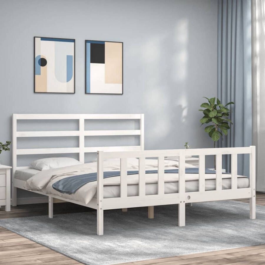 VidaXL -Bedframe-met-hoofdbord-massief-hout-wit-160x200-cm