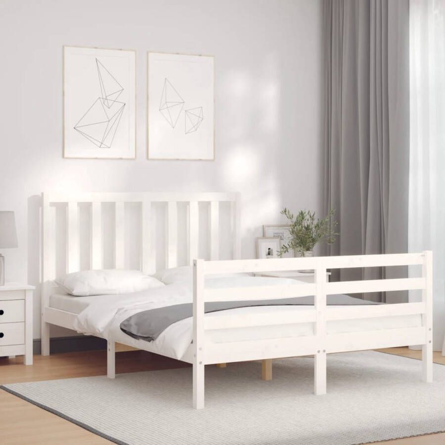 VidaXL -Bedframe-met-hoofdbord-massief-hout-wit-4FT-Small-Double