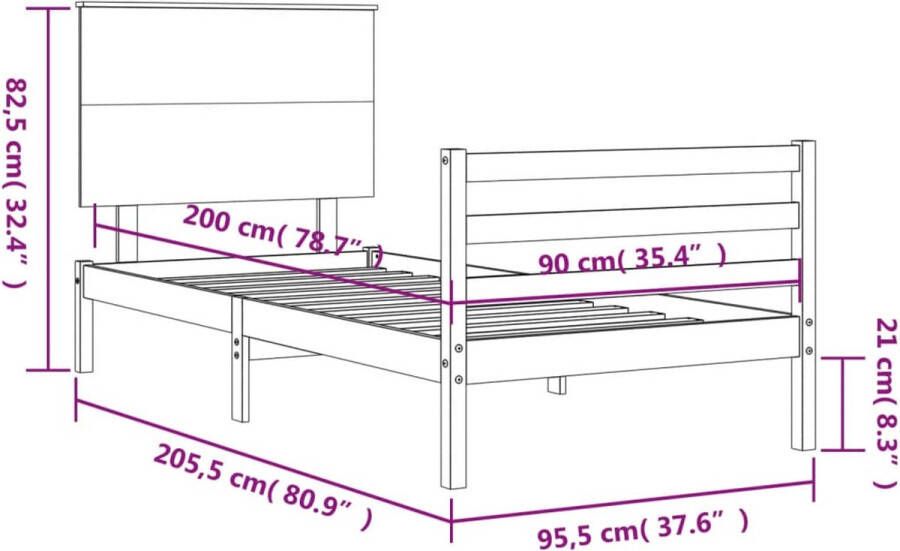 VidaXL -Bedframe-met-hoofdbord-massief-hout-wit-90x200-cm