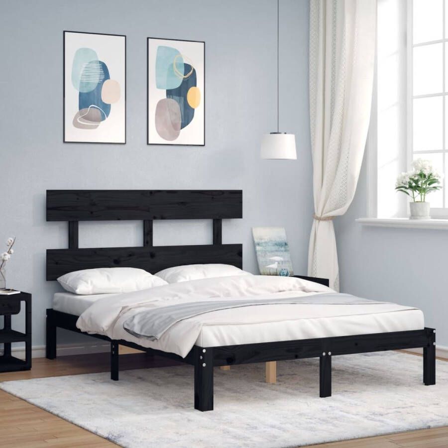 VidaXL -Bedframe-met-hoofdbord-massief-hout-zwart-4FT-Small-Double