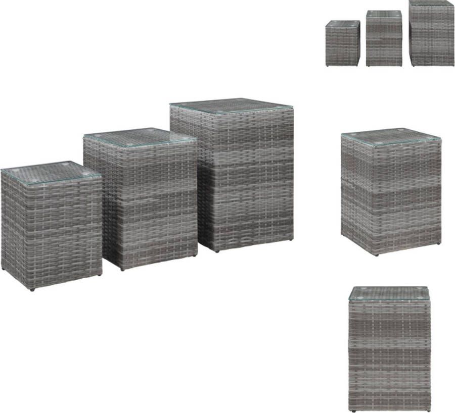 VidaXL bijzettafels poly rattan glas metaal grijs 40x40x62cm 35x35x52cm 30x30x42cm Tafel