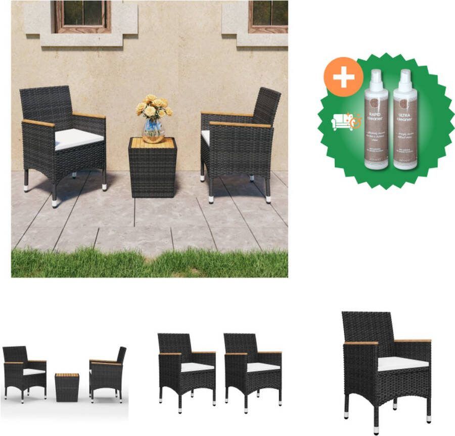 VidaXL Bistroset 3-delig Zwart Poly rattan staal stof en massief acaciahout Afmetingen tafel 41.5 x 41.5 x 43 cm Afmetingen stoel 52 x 57 x 84 cm Inclusief zitkussens Montage vereist Tuinset Inclusief Onderhoudsset