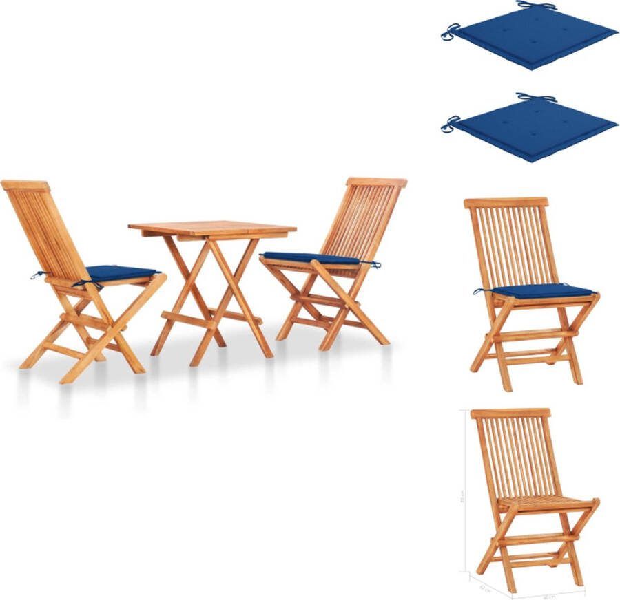 VidaXL Bistroset Hard Teakhout Tafel 60x60x65 cm Stoel 46x62x89 cm Koningsblauw Kussen Tuinset