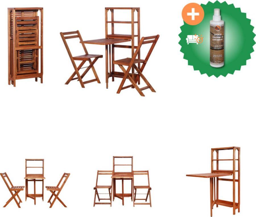 VidaXL Bistroset Massief acaciahout Opbergrek 2 klapstoelen 116 cm hoog Tuinset Inclusief Houtreiniger en verfrisser