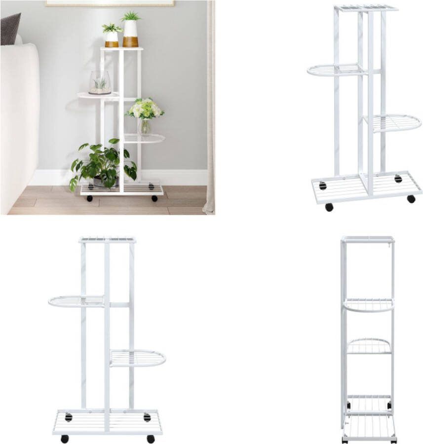 VidaXL Bloemenstandaard met wielen 4-laags 44x23x80 cm ijzer wit Bloemenstandaard Bloemenstandaards Plantenstandaard Bloemenbak