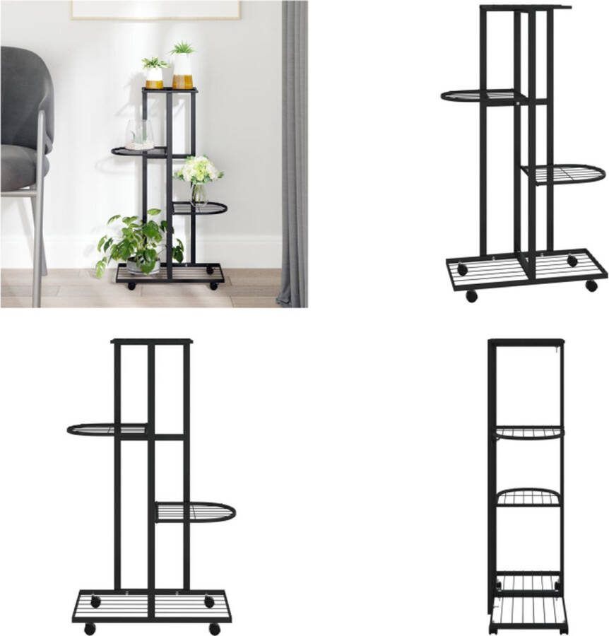 VidaXL Bloemenstandaard met wielen 4-laags 44x23x80 cm ijzer zwart Bloemenstandaard Bloemenstandaards Plantenstandaard Bloemenbak