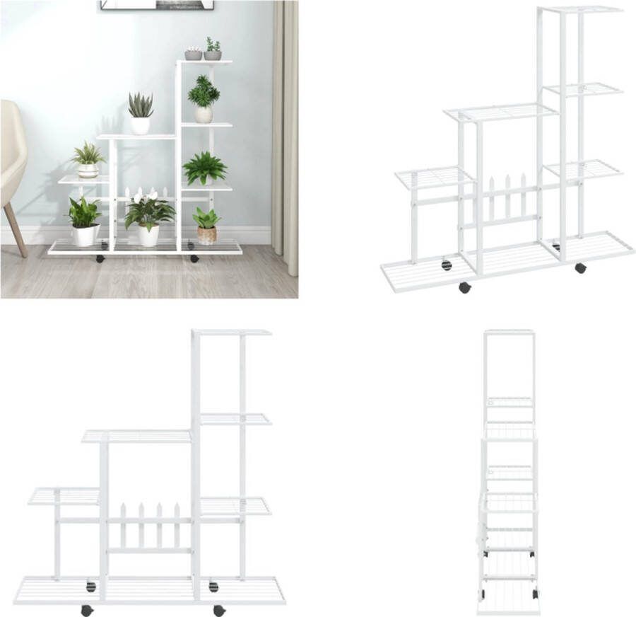 VidaXL Bloemenstandaard met wielen 94-5x25x92-5 cm metaal wit Standaard Standaarden Standaards Statief
