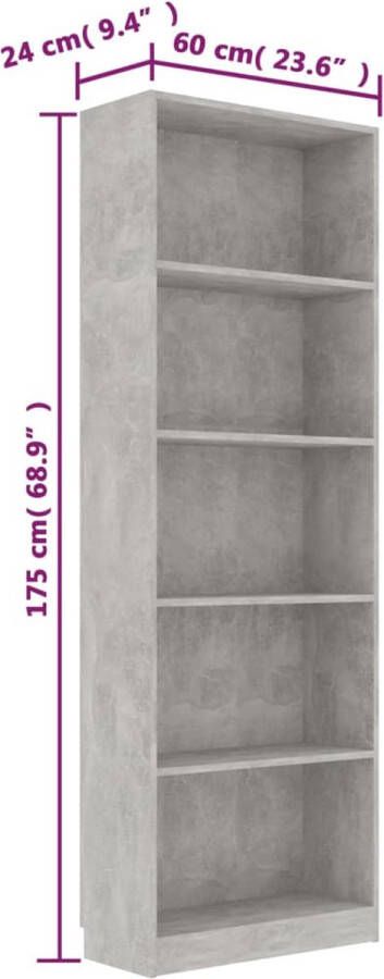 VidaXL -Boekenkast-met-5-schappen-60x24x175-cm-bewerkt-hout-betongrijs