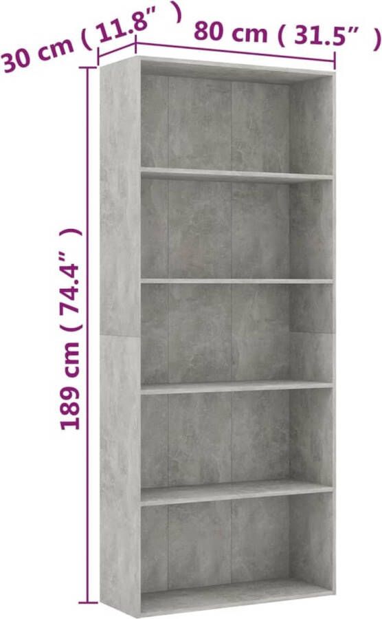 VidaXL Boekenkast met 5 schappen 80x30x189 cm bewerkt hout betongrijs