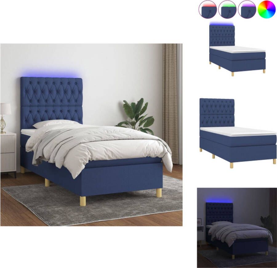 VidaXL Boxspring Bed 193x90x118 128 cm LED verlichting Pocketvering matras Huidvriendelijk topmatras Blauw Bed