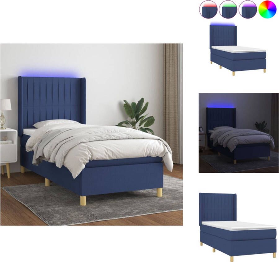 VidaXL Boxspring Bed Blauw 193 x 93 x 118 128 cm Met LED en Pocketvering Matras Huidvriendelijk Topmatras Inclusief Montagehandleiding Bed