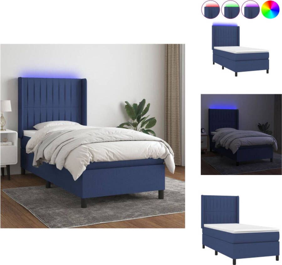 VidaXL Boxspring Bed Blauw 203 x 93 x 118 128 cm LED verlichting Pocketvering matras Huidvriendelijk topmatras Bed