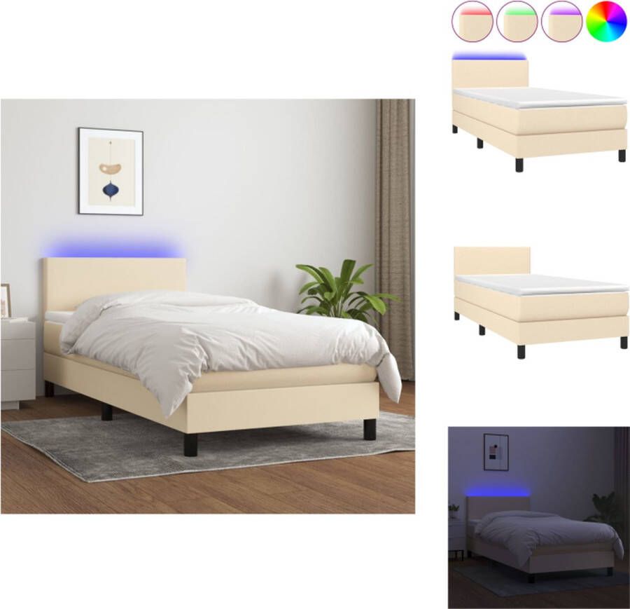 VidaXL Boxspring Bed Crème 203 x 90 x 78 88 cm Instelbaar hoofdbord Kleurrijke LED-verlichting Pocketvering matras Huidvriendelijk topmatras Inclusief LED-strip Bed