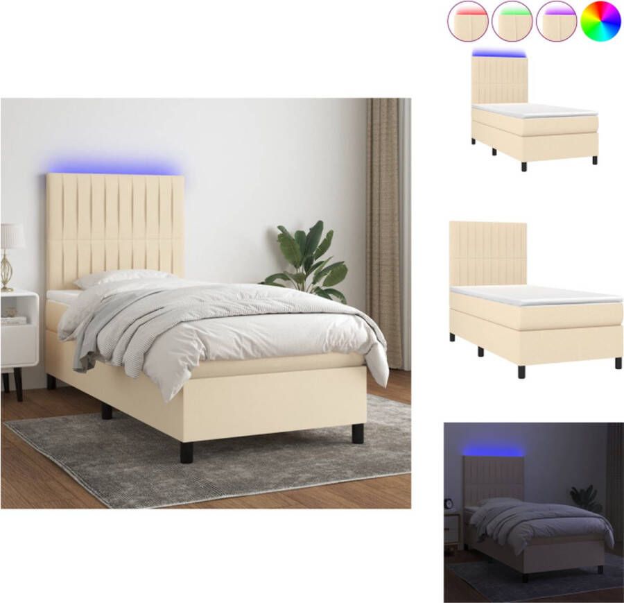 VidaXL Boxspring Bed Crème 90 x 200 cm Verstelbaar hoofdbord LED-verlichting Pocketvering matras Huidvriendelijk topmatras Bed