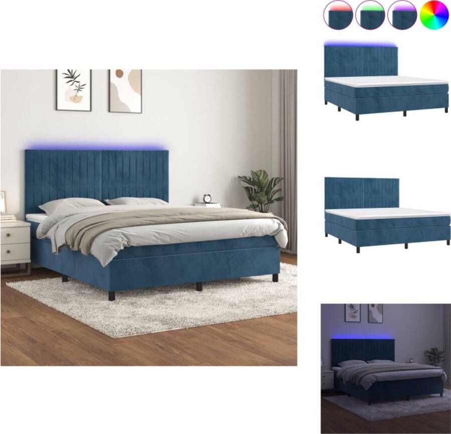 VidaXL Boxspring Bed Donkerblauw Fluweel Pocketvering Matras Huidvriendelijk Topmatras Kleurrijke LED-verlichting Bed