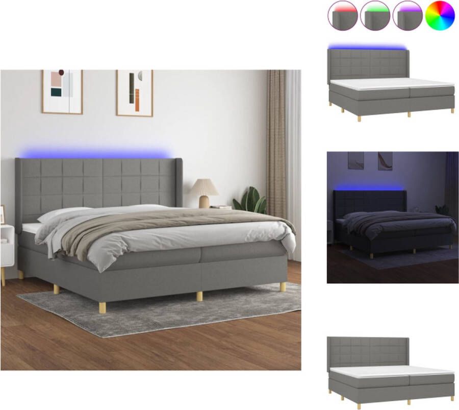 VidaXL Boxspring Bed Donkergrijs 203 x 203 x 118 128 cm Verstelbaar hoofdbord Kleurrijke LED-verlichting Pocketvering matras Huidvriendelijk topmatras Inclusief montagehandleiding Bed