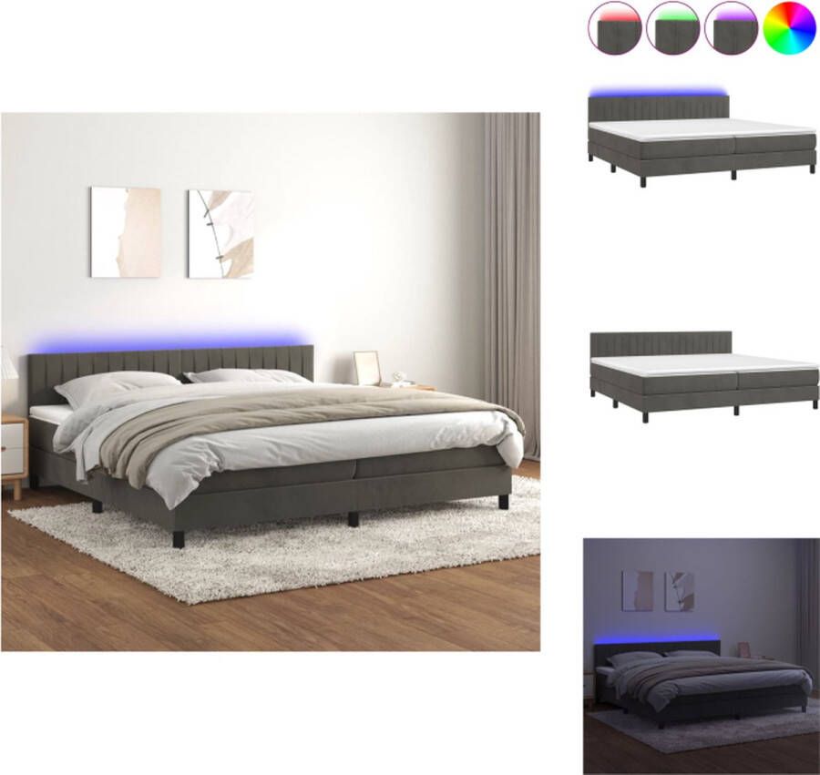 VidaXL Boxspring Bed Donkergrijs Fluweel 203 x 200 x 78 88 cm Verstelbaar hoofdbord Kleurrijke LED-verlichting Pocketvering matras Huidvriendelijk topmatras Inclusief LED-strips Bed