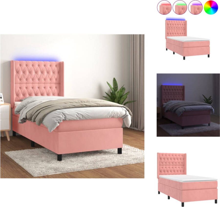 VidaXL Boxspring Bed Fluweel LED Pocketvering 100x200 cm Roze Bed
