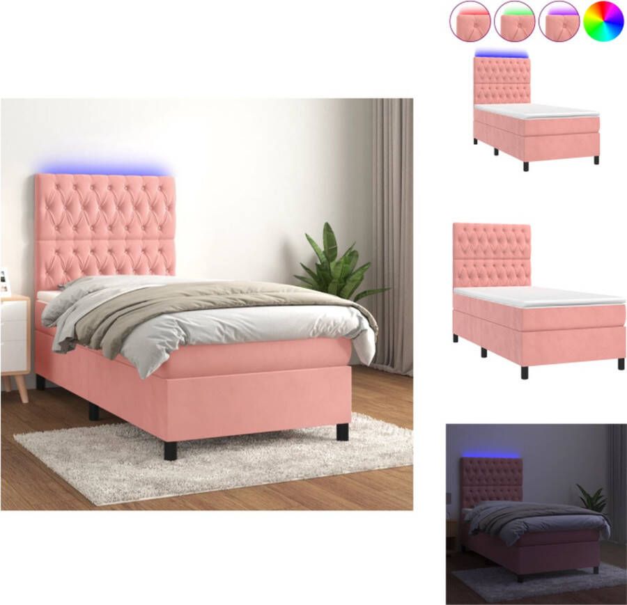VidaXL Boxspring Bed Fluweel Roze 203 x 100 x 118 128 cm Verstelbaar hoofdbord LED-verlichting Bed