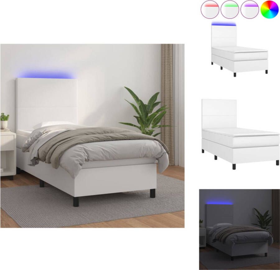 VidaXL Boxspring Bed Kunstleer 203x100x118 128 cm Met verstelbaar hoofdbord en LED-verlichting Inclusief pocketvering matras en comfortabel topmatras Wit Bed