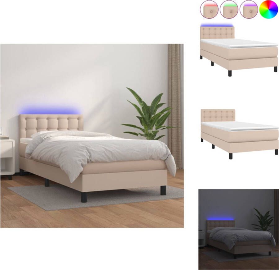 VidaXL Boxspring Bed Kunstleer LED Pocketvering matras Huidvriendelijk topmatras 203x90x78 88 cm Cappuccino Bed