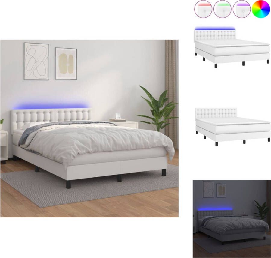 VidaXL Boxspring Bed LED Strip Pocketvering Matras Huidvriendelijk Topmatras Wit 193 x 144 x 78 88 cm Bed
