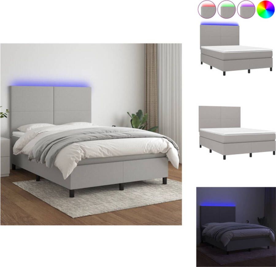 VidaXL Boxspring Bed Lichtgrijze stof 193 x 144 x 118 128 cm Verstelbaar hoofdbord Kleurrijke LED-verlichting Pocketvering matras Huidvriendelijk topmatras Incl montagehandleiding en 2 LED-strips Bed