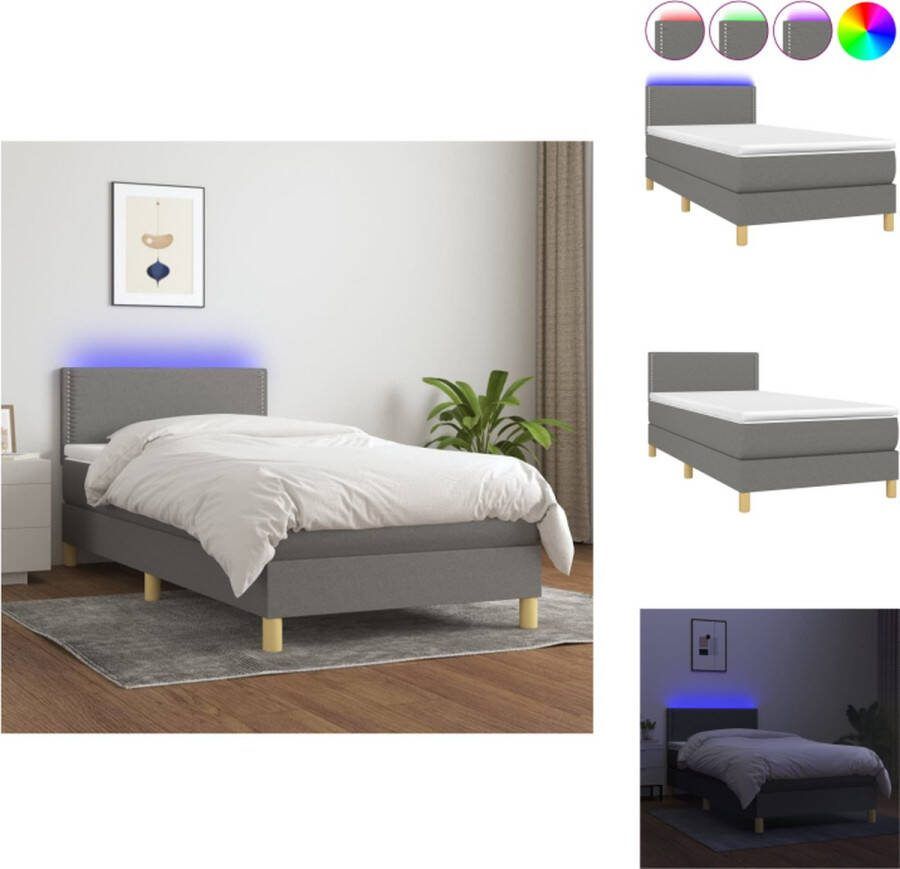 VidaXL Boxspring Bed Pocketvering Matras LED 193 x 90 cm Donkergrijs Bed
