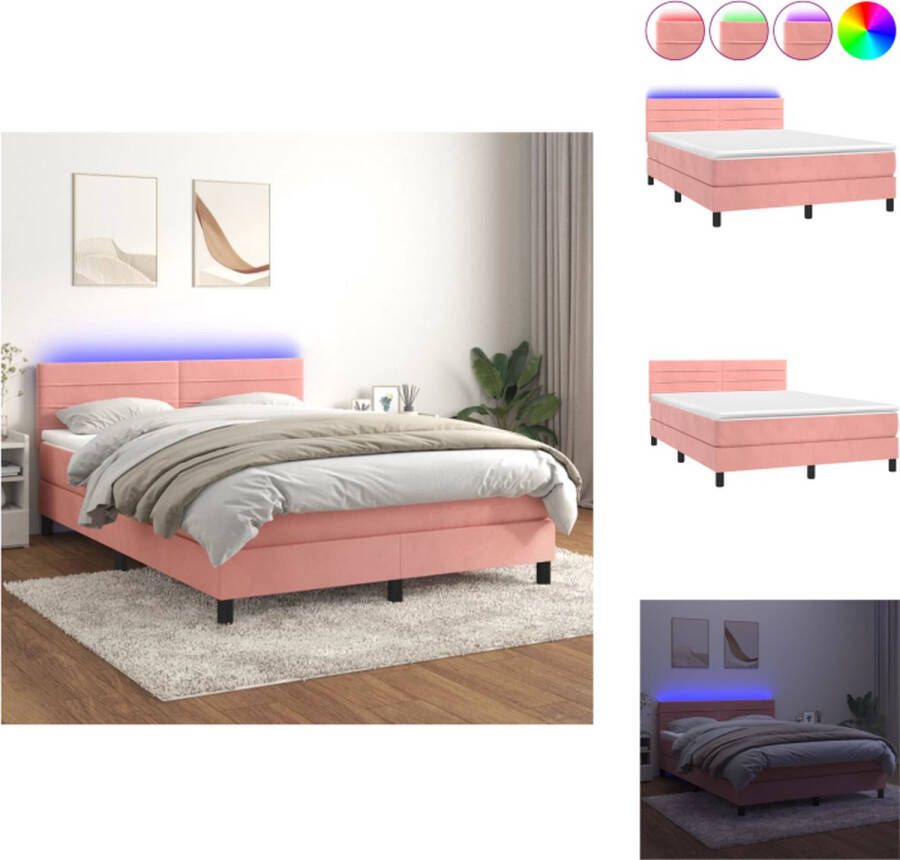 VidaXL Boxspring Bed Roze Fluweel 193x144x78 88cm + Pocketvering Matras LED Bed