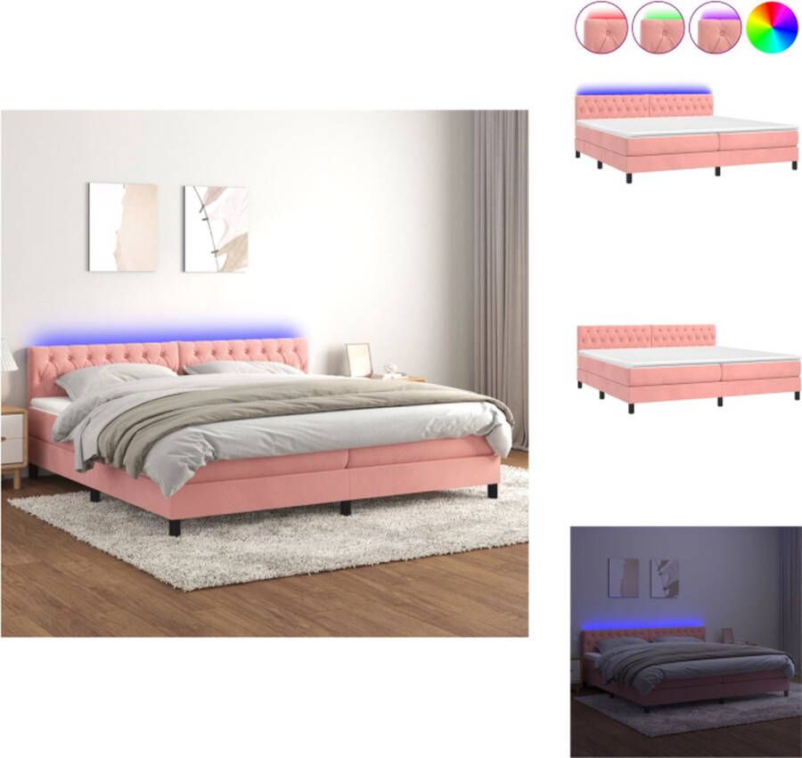 VidaXL Boxspring Bed Roze Fluweel 203 x 200 x 78 88 cm Pocketvering Matras Huidvriendelijk topmatras Met Kleurrijke LED Bed