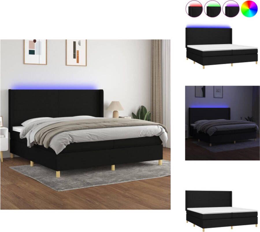 VidaXL Boxspring Bed Zwart 203 x 203 x 118 128 cm Verstelbaar hoofdbord Kleurrijke LED-verlichting Pocketvering matras Huidvriendelijk topmatras USB-aansluiting Bed