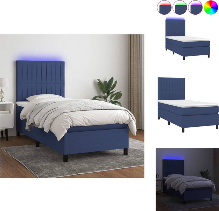 VidaXL Boxspring Blauw 193 x 90 x 118 128 cm LED Pocketvering matras Huidvriendelijk topmatras Bed