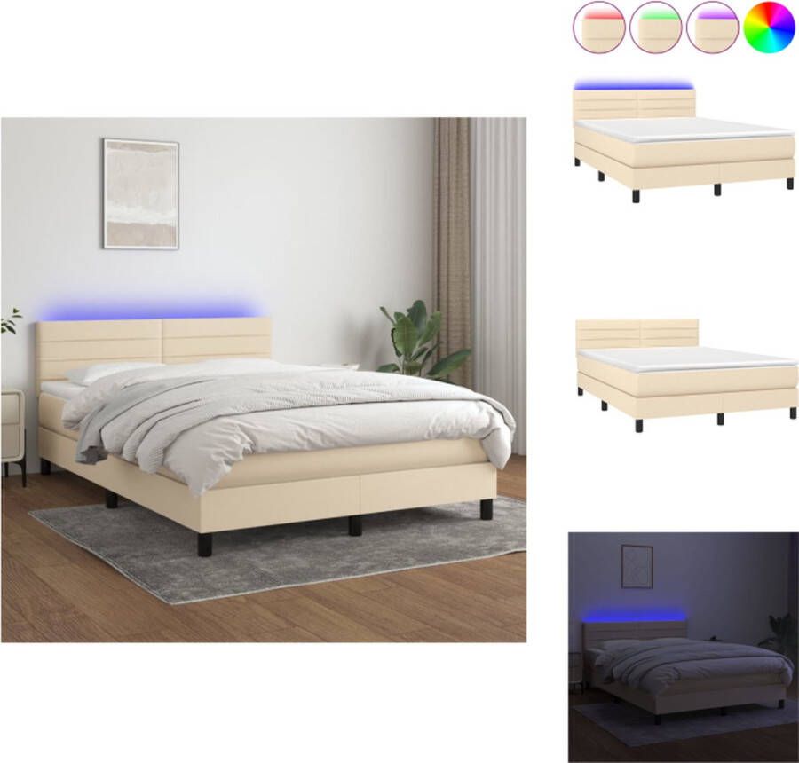 VidaXL Boxspring crème LED 140x200 Pocketvering matras Huidvriendelijk topmatras Bed
