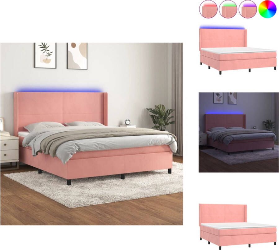VidaXL Boxspring Dena Bedden 203x183 cm roze fluweel verstelbaar hoofdbord LED-verlichting Bed