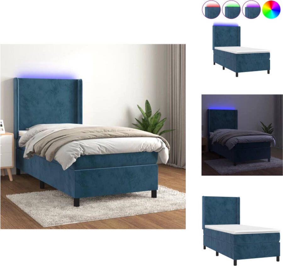 VidaXL Boxspring Donkerblauw fluweel 193 x 93 x 118 128 cm Inclusief matras en LED Bed