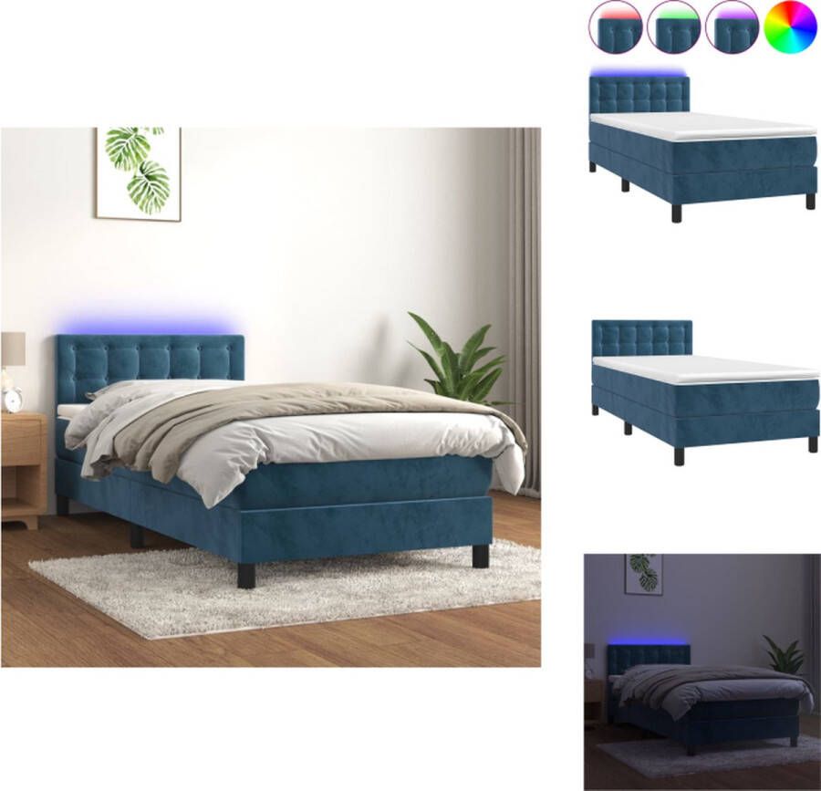 VidaXL Boxspring donkerblauw fluweel LED-verlichting pocketvering matras huidvriendelijk topmatras Bed