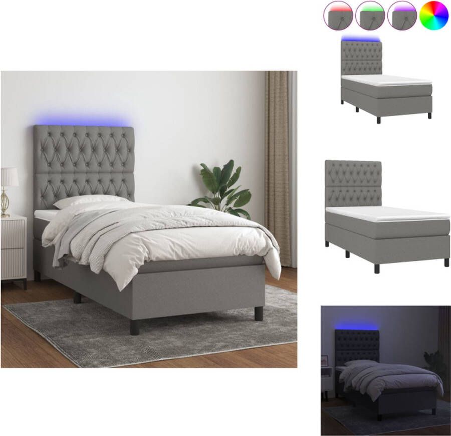 VidaXL Boxspring Donkergrijs 203 x 100 x 118 128 cm LED Duurzaam materiaal Verstelbaar hoofdbord Comfortabele ondersteuning Kleurrijke LED-verlichting Pocketvering matras Huidvriendelijk topmatras Montagehandleiding inbegrepen Bed