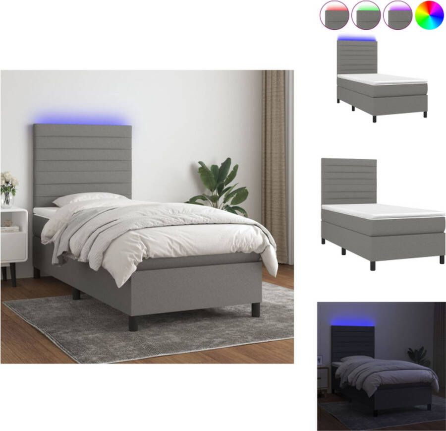 VidaXL Boxspring Donkergrijs 203 x 100 x 118 128 cm Verstelbaar hoofdbord Kleurrijke LED-verlichting Pocketvering matras Huidvriendelijk topmatras Inclusief accessoires Bed