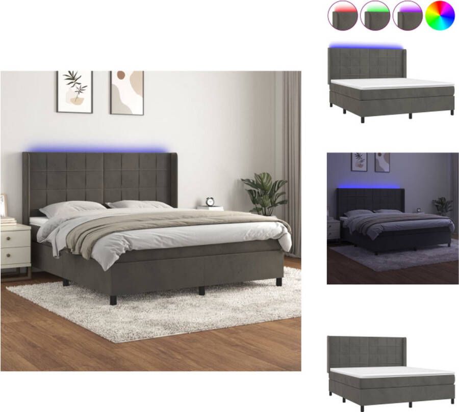 VidaXL Boxspring Fluweel Donkergrijs 180x200 cm Incl LED en Pocketvering Bed