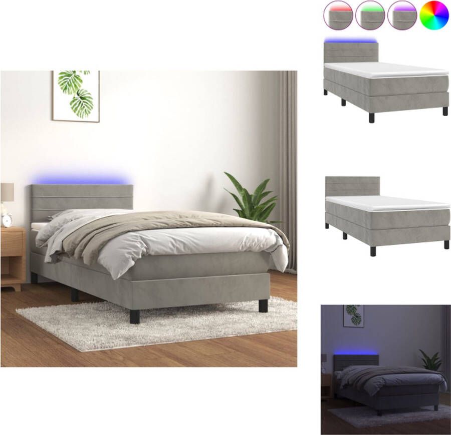 VidaXL Boxspring fluweel LED pocketvering huidvriendelijk lichtgrijs 203x90x78 88 cm Bed