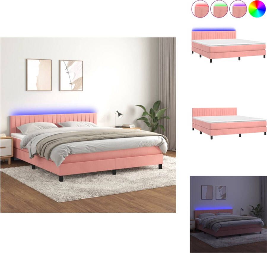 VidaXL Boxspring fluweel pocketvering LED roze 203 x 180 x 78 88 cm 180 x 200 x 20 cm 180 x 200 x 5 cm 2 LED-strips Bed
