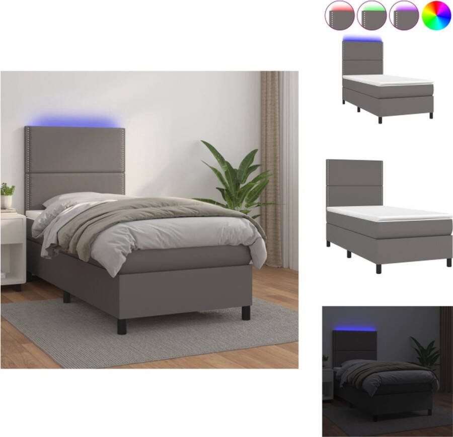 VidaXL Boxspring Kunstleren bedframe 203x90cm Met verstelbaar hoofdbord LED-verlichting en pocketvering matras Grijs Bed