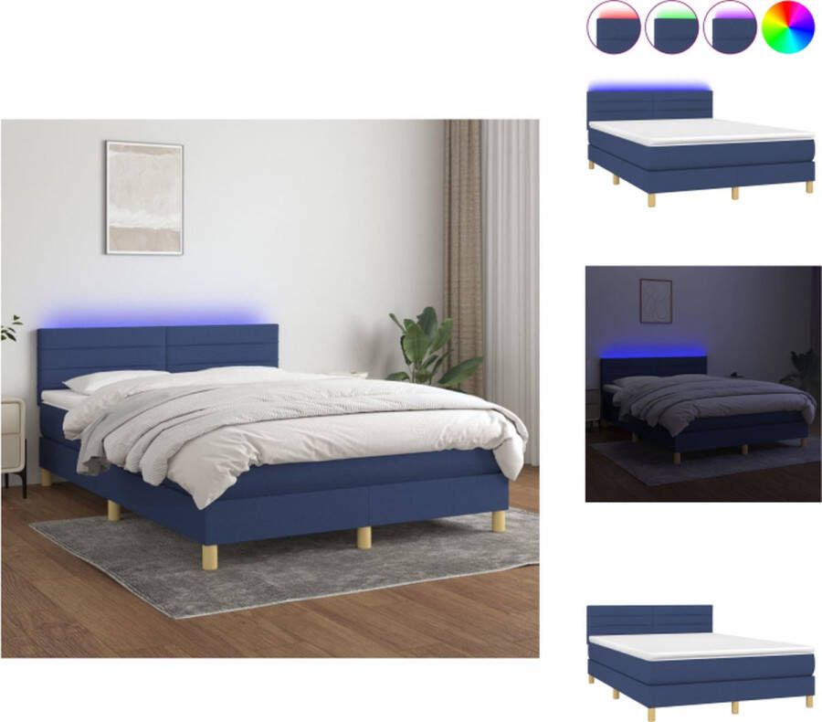 VidaXL Boxspring LED- 140 x 200 cm blauw stof verstelbaar hoofdbord pocketvering matras huidvriendelijk topmatras kleurrijke LED-verlichting Bed