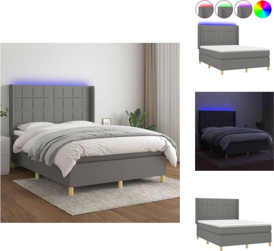 VidaXL Boxspring LED 193x147x118 128 cm donkergrijs pocketvering matras huidvriendelijk topmatras kleurrijke LED-verlichting Bed