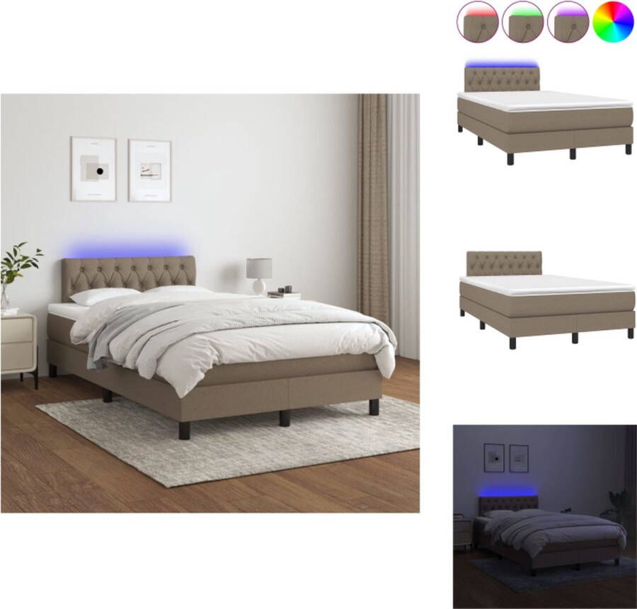 VidaXL Boxspring LED 203 x 120 x 78 88 cm Duurzaam materiaal Praktisch hoofdbord Comfortabele ondersteuning Kleurrijke LED-verlichting Pocketvering matras Huidvriendelijk topmatras Taupe USB-aansluiting Bed