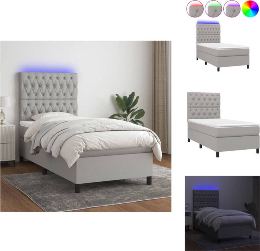 VidaXL Boxspring LED 203 x 80 x 118 128 cm Lichtgrijs Duurzaam materiaal Verstelbaar hoofdbord Comfortabele ondersteuning Kleurrijke LED-verlichting Pocketvering matras Huidvriendelijk topmatras Montagehandleiding inbegrepen Bed